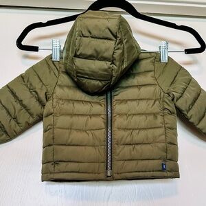 Baby Gap Olive Green Puffer Jacket with Hood, Size 6-12 months